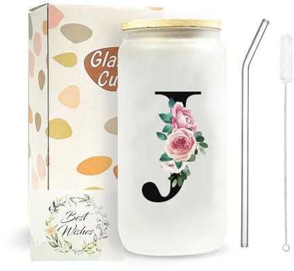 JEKUGOT Personalised Travel Mug, Tumbler Glass Cups with Lids and Straws, A-Z Custom Mugs, Glass Coffee Travel Mug, Iced Coffee Cup Birthday Gifts for Women, Personalised Gifts for Mothers,Friends(J)