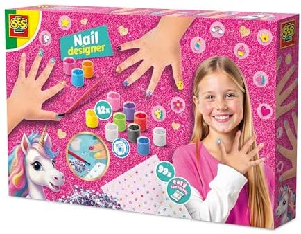 SES Creative 14729 Unicorn Nail Designer - Creative Nail Art Kit for Kids Aged 6+ - Includes 12 Water-Based, Washable Nail Polishes in Vibrant Colors
