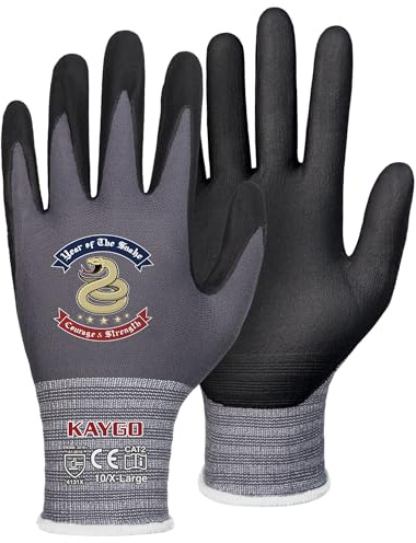 KAYGO Safety Work Gloves MicroFoam Nitrile Coated 3 Pairs, KG18N, Seamless Knit Nylon Glove with Abrasion and Oil Resistant Grip, Ideal for General Purpose, Automotive, DIY (X-Large, Grey(Snake))