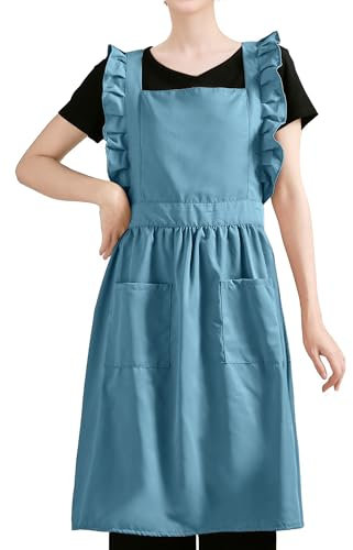 Ausing Küchenschürzen Damen Kreuz Rücken Retro KochSchürze mit Rüschen 2 Taschen einfarbige Arbeitsschürze für Blumenladen,Cafe,Kellner