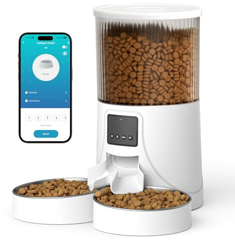 Tieker Automatic Cat Feeder, WiFi Smart Cat Feeder Automatic, with 10s Voice Recording and Timer, Food Dispenser with Stainless Steel Bowl for 2 Cats, 4 Meals Daily, Pet Feeder for Cats