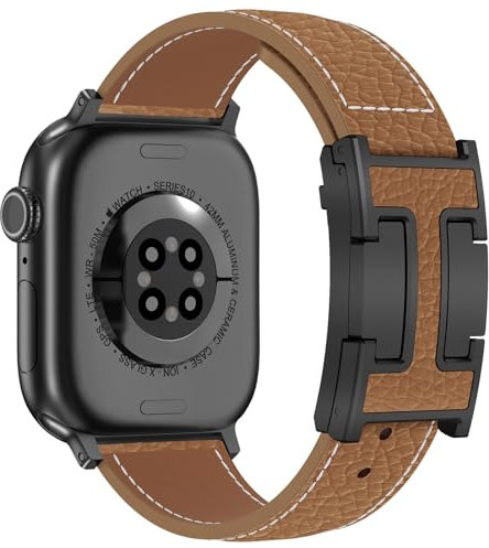 CHANCHY Bracelet en cuir pour Apple Watch 46 mm, 45 mm, 44 mm, 42 mm (Series 3), bracelet de rechange en cuir véritable pour Apple Watch Series 10, 9, 8, 7, 6, 5, 4, 3, 2, 1 et iWatch SE, marron avec