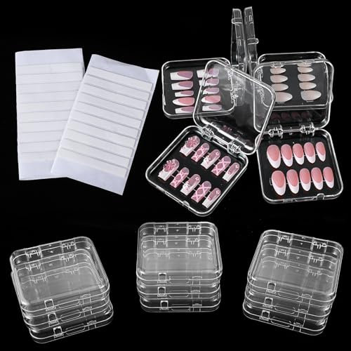 9Pcs Press on Nail Boxes Clear Plastic Press on Nail Packaging Storage Box with 30 Pcs Adhesive Double Sided Tape for Fake Nails Display Storage Case Nails Salon Supplies