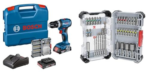 Bosch Professional 18V System Akku Schlagbohrschrauber GSB 18V-45 (Drehzahl 1.900 min⁻¹, inkl. 2x 2.0Ah Akku, Zubehöre, GAL 18V-20) + 35x Extra Hard Schrauberbit‑ und CYL-3 Bohrer-Set (197 x 110,5 mm)