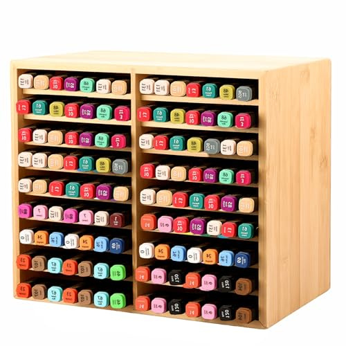 YOUNTHYE Marker Organizer, Bamboo Marker Holder with 18 Compartments, Holds 126 Markers, Desk Organiser Wooden Pen Storage for Markers Pencils Pens Art Brushes