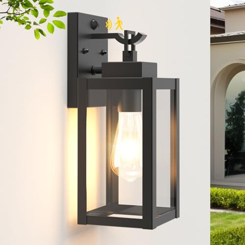 Wondlumi Außenlampe mit Bewegungsmelder E27 Glas Schwarz IP44 1er Set | Wandleuchte Aussen Bewegungssensor 3 Modi Klarglas Industrial 230V Garage Garten Hof Terrasse Haustür ohne Leuchtmittel
