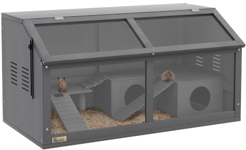 PawHut Hamsterkäfig aus Holz für Zwerghamster 85 x 45 x 44 cm Dunkelgrau | Nagerkäfig, Kleintierkäfig, Obere Tür, Hängebrücke, Leitern, Hütte, Fütterungsstation, Mäusekäfig