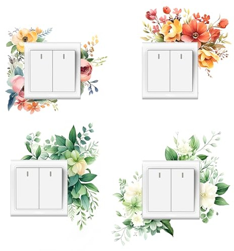 GORGECRAFT 8 Stück Lichtschalter Aufkleber 4 Stile Steckdosen Umrandungsaufkleber Rot Gelb Weiß Blumen Grüne Blätter Muster PVC Wasserdicht Dekoration Schalter Wandaufkleber Für Zuhause Büro Wohnzimme