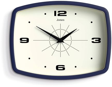 JONES CLOCKS® Movie Wanduhr | Rechteckige Retro-Uhr | 25 cm | Blau | Cooler mid-Century-Designer-Look für küche, Wohnzimmer oder büro
