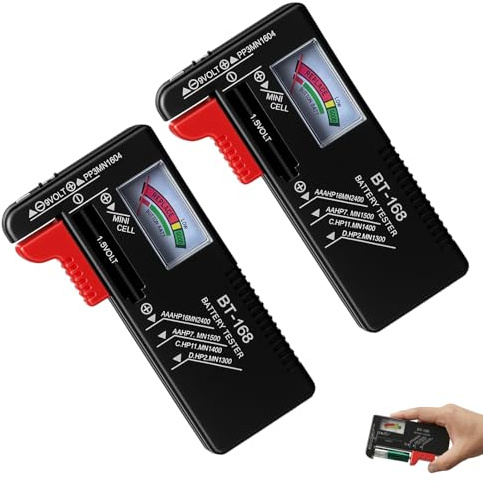 2 Stück Batterietester BT-168, Universelles Batterie Testgerät für AA AAA C D 9V 1,5V Knopfzellen, Kompakter Analog Batterieprüfer für Standard- & Wiederaufladbare Batterien, Einfach Batteriezustand p