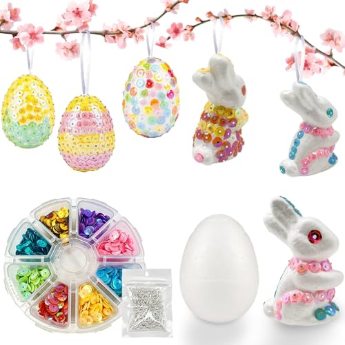 Shyllin Ostereier Pailletten Set, enthält 5 Schaumstoffeier, 5 Schaumstoffhasen, Pailletten, Stecknadeln und Bänder, DIY Pailletten-Eier,zur Verwendung als Ostergeschenke und Dekorationen