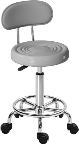 HOMCOM Rollhocker Höhenverstellbar mit Lehne 32 x 40 x 70-86 cm Grau | Drehhocker, Salon Hocker, Rädern, Arbeitshocker mit Fußstütze für Büro, Kunstleder
