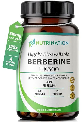 Berberine high Strength Supplement-510Mg Per Capsule- 4 Months Supply -120 Vegan Capsules 98% Pure Berberine HCL with Black Pepper Extract for Improved Absorption- Non-GMO-lab-Tested