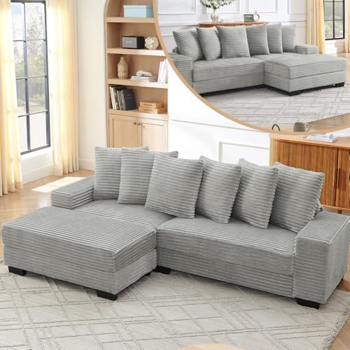 L-förmiges Ecksofa – 4-Sitzer Sofa, 256.5 x 133.5 x 89 cm, Stabilere Kunststoffbeine, Modulares inklusive 6 Kissen, Ideal für Wohnzimmer, Apartments und Büros, Beige (Gray + Corduroy+ 4 Seat,1)