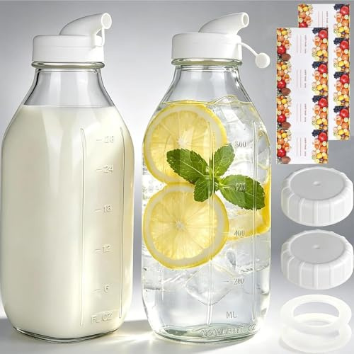 Glass Milk Storage Bottles with Lids 1 Litre /33.8 oz, 2 Pack Leak‑Proof Spout Glass Juice Bottles with Capacity Mark, Reusable Glas Drinking Beverage Storage Jars Dressings Smoothie Water Bottle