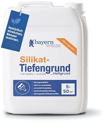 Bayernweiß Silikat Tiefengrund I 5 l für ca. 50 m² I Grundierung für mineralische Untergründe I Haftgrund für Silikatfarbe & mineralischen Putz I Atmungsaktiv, tief eindringend & verfestigend