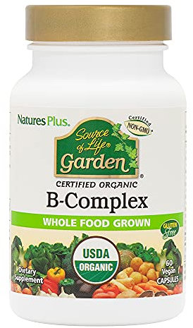 NaturesPlus Source of Life Garden Vitamin B Complex - Organic, Plant Extracted B Vitamins - Biotin, B6, Folate and Methyl B12 - Mood, Energy, Immune - Vegan, Gluten Free - 60 Capsules