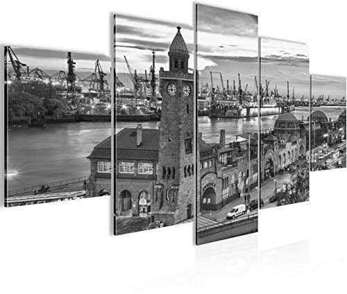 Runa Art Wandbilder Hamburg 5 Teilig Bild auf Vlies Leinwand Deko Wohnzimmer Schlafzimmer Hafen Schwarz Weiss 603052c
