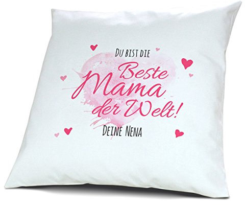 printplanet Kopfkissen mit Namen Nena - Motiv Du bist die Beste Mama der Welt, 40 cm, 100% Baumwolle, Kuschelkissen, Liebeskissen, Namenskissen, Geschenkidee