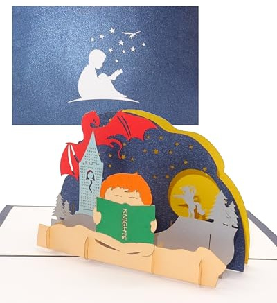 Pop Up Karte „Bücherwurm“ 3D Geburtstagskarte für Kinder - zur Einschulung, Gutschein Lesen, Geschenkgutschein Buch