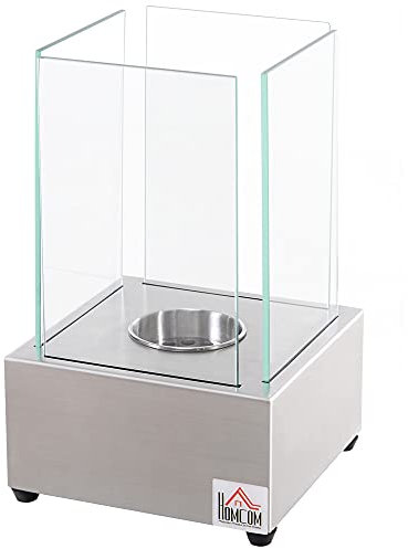 HOMCOM Camino a Bioetanolo da Tavolo con Bruciatore da 0.4L, Biocamino in Acciaio e Vetro per Interni ed Esterni, 20x20x33cm, Argento