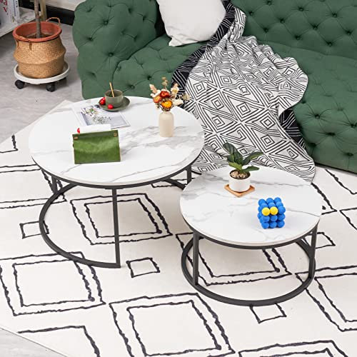 hitsuki Couchtisch Rund 2er Set, Marmor Couchtisch Schwarz Metallgestell Wohnzimmertisch Weiß, Beistelltisch Metall,Satztische fürs Wohnzimmer, Schlafzimmer, Balkon (Weiß & Schwarz)