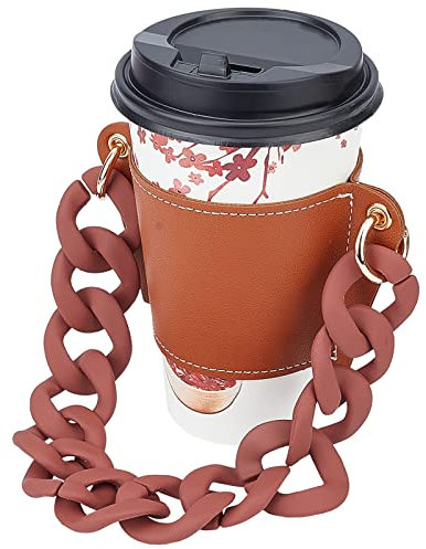 GORGECRAFT Portavasos de Cuero Asa, Portavasos Reutilizable de Cuero PU de Chocolate con Correa Acrílica, Portátil para Bebidas Frías Y Calientes