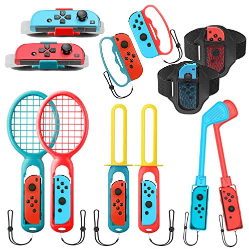 Switch Sports Accessories Bundle Set,Somatosensory Set Includes Tennis and Badminton Rackets, Fencing Grip, Volleyball Wristband, Bowling Grip, football Leg Straps and Golf Clubs (B)