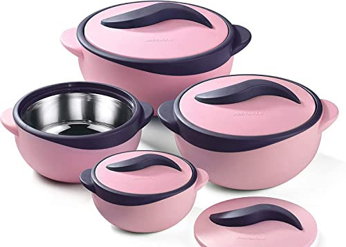 Zahran 4pc Round Heat Insulated Food Storage Hot Pot Food Warmer/Cooler with Lid–Thermal Soup/Salad Serving Bowl- Stainless Steel Hot Food Container Best Gift Set Holidays Pinnacle Parisa (Matt Pink)