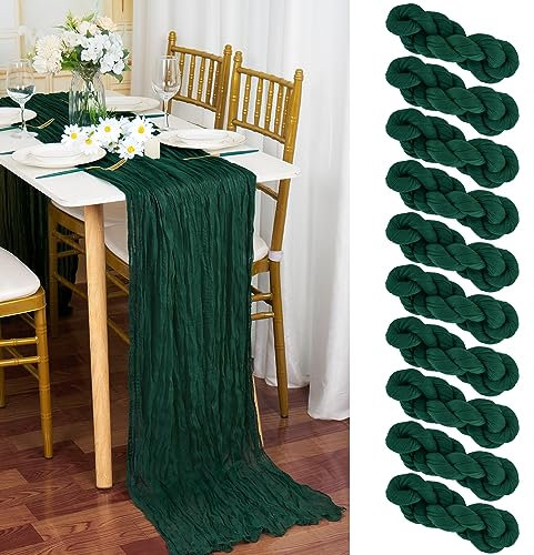 10 Stück Seihtuch Tischläufer Dunkelgrün,90 x 300 cm Grün Käsetuch Tischläufer Rustikaler Gaze Stoff Boho Cheesecloth Tischläufer Hochzeit Tischdecke für Hochzeitsfeier Brautparty Tischdekoration