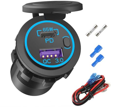 Boostbare 12V USB C Steckdose 65W PD3.0 Port und 18W Quick Charge3.0 Auto-USB-Ladesteckdose für Laptops, Tablets und Telefone, wasserdichte 12V/24V Steckdose mit Netzschalter für Auto Marine Motorrad