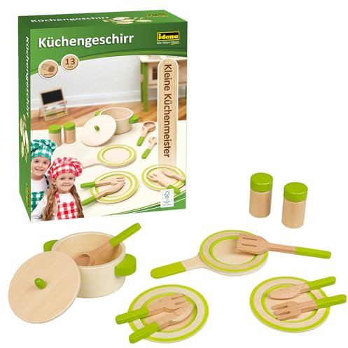 Idena 40238 - Set de Vaisselle en Bois Kleine Küchenmeister, 13 pièces de Vaisselle pour Enfants, Accessoires pour la Cuisine et Le Magasin, pour Enfants à partir de 2 Ans.
