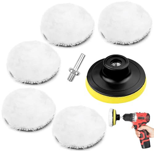 Newpop 7 Pezzi Kit Lucidatura Auto per Trapano, 80 mm Tamponi Lucidatura Auto Lana, Dischi per Lucidare Professionali per Auto Bellezza Pulizia Lucidatura Ceretta, con M10 Adattatore Trapano
