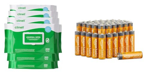 Clinell Universal Cleaning and Disinfectant Wipes for Surfaces (BCW200-1) - 6 Packs of 200 Regular Wipes & Amazon Basics AA 1.5 Volt Performance Alkaline Batteries - Pack of 48 (Appearance may vary)