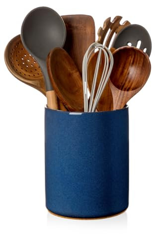 Nucookery Utensil Holder, 6.4 Ceramic Kitchen Utensil Holder for Countertop with Protection Cork Bottom, Vintage Farmhouse Kitchen Decor for Counter (Royal blue)