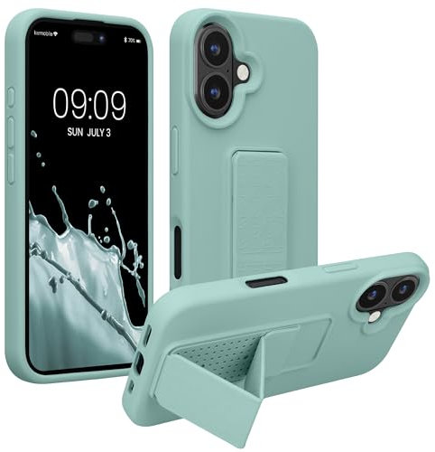 kwmobile Case Compatible with Apple iPhone 16 - Case with Hand Strap and Stand Soft TPU Silicone Coating - Mint