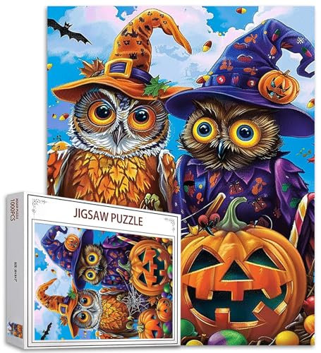 Tucocoo Halloween-Kürbis-Puzzles für Erwachsene, 1000 Teile, Zauberer-Hut, Eule, Kunststil, Malerei, 70 x 50 cm, Bunte DIY-Puzzles für Heimdekoration, Geschenke, Familienpuzzle, perfekt für