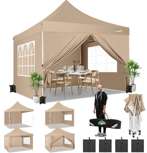 COBIZI Pavillon 3x3 Faltpavillon EZ Pop-Up Zelt mit 4 Seitenwänden, wasserdicht und UV 50 + Schutz für Camping, Partyzelt Gartenzelt klappbar 3x3m mit 4 Sandsäcken, Beige