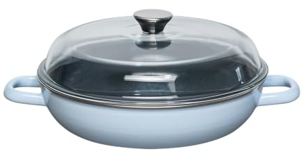 Riess, 0058-028, Schmorpfanne mit Glasdeckel Ø 28cm, BACKEMAILLE BLAU, Vol. (rec.): 2,6 Liter, Made in Österreich, LBH: 37,7x29,2x14,1cm, 3,068kg, Schmorpfanne, Emailliert, Kratzfest, Ofenfest