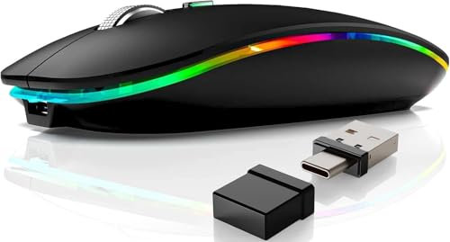 Nrvcrn Mouse wireless, mouse per MacBook Air, Mac Pro, iPad, computer portatile, PC, ricaricabile, con interruttore a doppia modalità, Bluetooth 5.2/3.0 e ricevitore USB di tipo C da 2,4 GHz (nero)