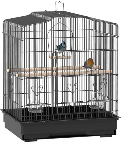 PawHut Jaula para Pájaros 46,5x36x59 cm Pajarera de Acero con Puertas 2 Comederos 2 Perchas Columpio Bandeja Extraíble y Asa de Transporte para Loro Canario Periquito Negro