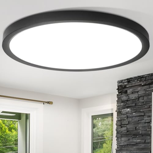 Laittiin Deckenleuchte LED Deckenlampe Flach 30CM Schwarz Schlafzimmerlampe | Küchenlampe 24W Badezimmer Lampe 6000K Rund Schlafzimmer Deckenbeleuchtung Kaltesweiß Flurlampe für Bad Flur Küche Balkon