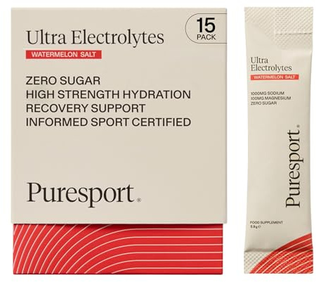 Puresport Ultra Electrolytes Watermelon Salt Powder, 15 Sachets | 1000mg Sodium, Hydration drink mix, keto & vegan friendly, zero calories, before, during & after workout, travel-friendly