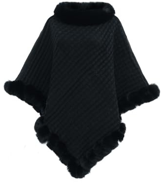 Faux Fur Trim Poncho, Women's Cozy Faux Fur Poncho Sweater Solid Pullover Shawl Cape, Wrap Cloak
