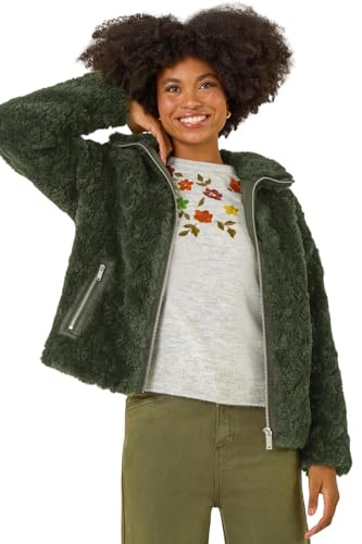 Roman Originals Teddy Borg Bomber Coat for Women UK - Ladies Everyday Autumn Winter Collar Neckline Comfy Soft Evening Vacation Work Party Night Out - Green - Size 12