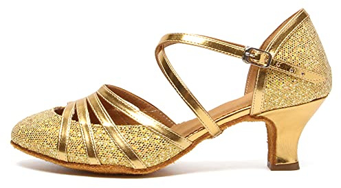 HROYL Chaussures de Danse Latine Femme Salsa Bachata Paillettes Bout Fermé Chaussures Danse Tango de Salon 512 Or 36.5 EU