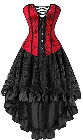 Kelvry Damen Burlesque Corsage Top Corsagenkleid Lang Schwarz Spitze Rock