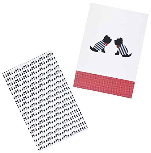KitchenCraft 'Westie' 1% Cotton Printed Dog Tea Towels, 7 x 47 cm - Red / White / Black (Set of 2)
