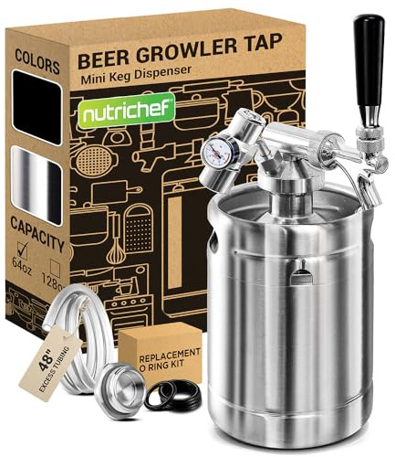 NutriChef Pressurized Growler Tap System, 64oz Stainless Steel Mini Keg Dispenser Portable Kegerator Kit, Co2 Pressure Regulator Keeps Carbonation for Craft Beer, Draft and Homebrew