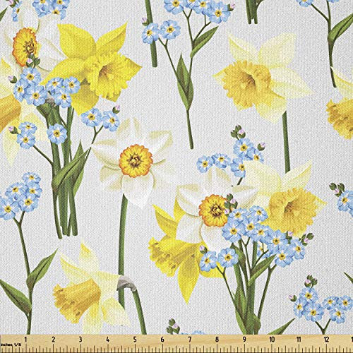 Lunarable Narzissenstoff von The Yard, Vergissmeinnicht, Blumen und Narzissenblütenblätter, Blumenstrauß für Frühling, Garten, Stretch-Strickstoff für Kleidung, 1.8 m, Gelb Blau
